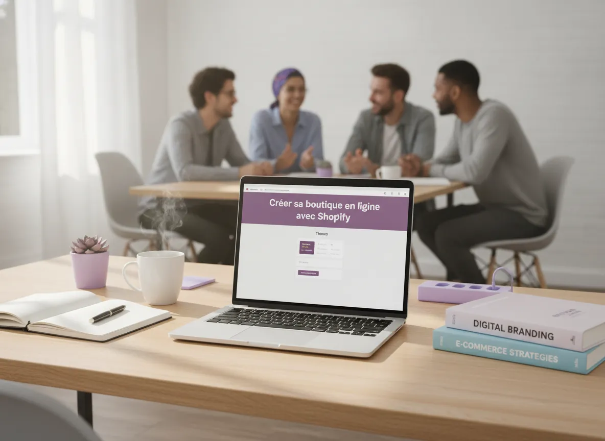Bureau de travail avec ordinateur portable affichant une formation Shopify, mug et livres sur l