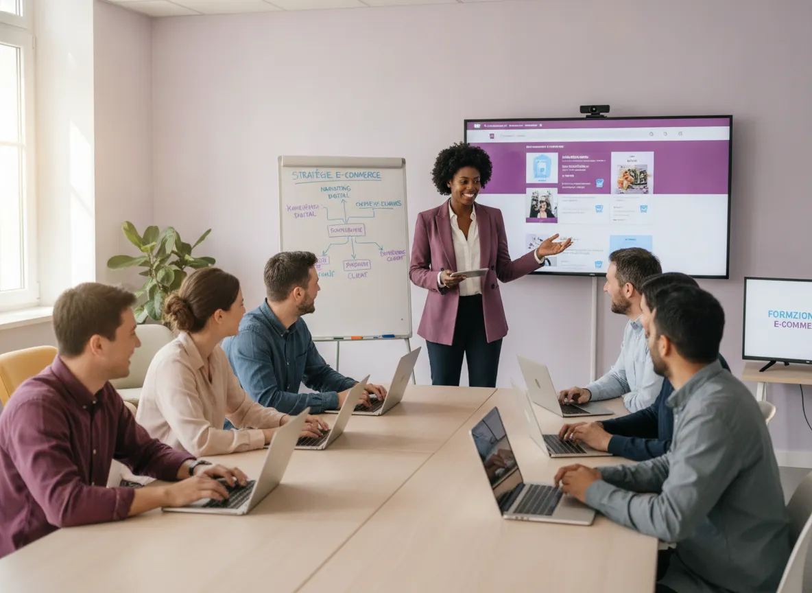Groupe diversifié d'apprenants en formation e-commerce avec leurs ordinateurs portables