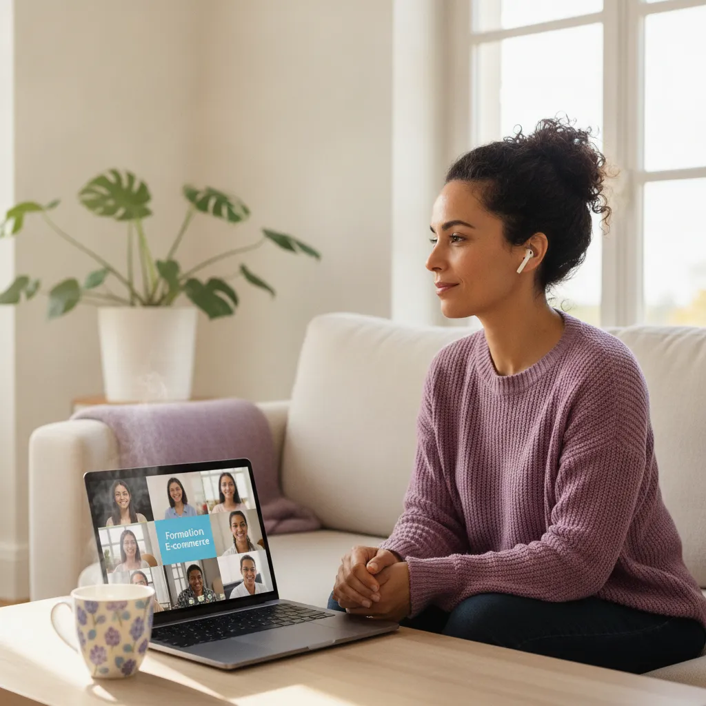 Femme suivant une formation e-commerce en distanciel sur son ordinateur portable