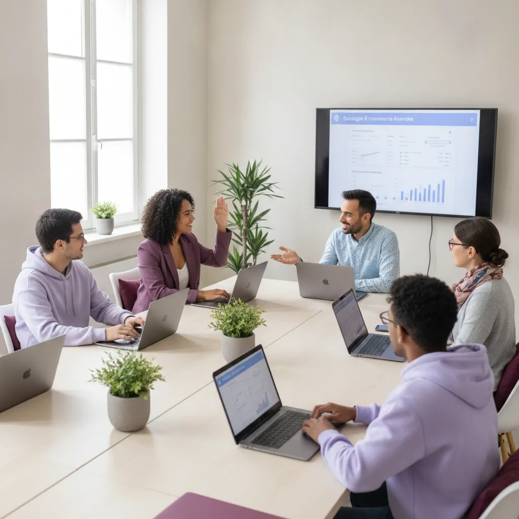 Participants en formation présentielle autour d'ordinateurs portables dans une salle conviviale